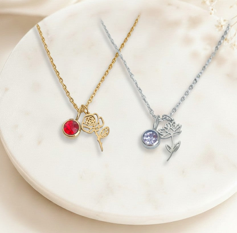 Personalized Birthstone & Birth Flower Pendant Necklace • Stainless Steel & Gold over Stainless Steel