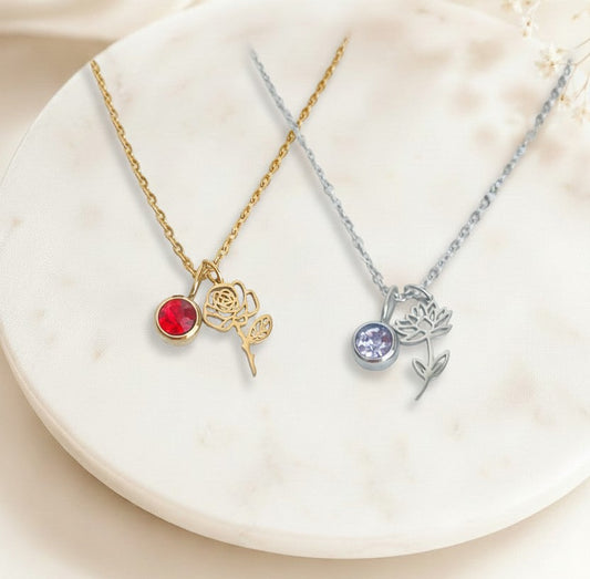Personalized Birthstone & Birth Flower Pendant Necklace • Stainless Steel & Gold over Stainless Steel
