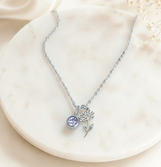 Personalized Birthstone & Birth Flower Pendant Necklace • Stainless Steel & Gold over Stainless Steel