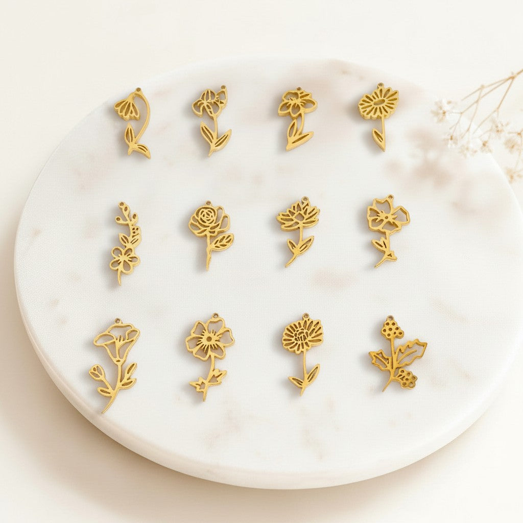 Personalized Birthstone & Birth Flower Pendant Necklace • Stainless Steel & Gold over Stainless Steel