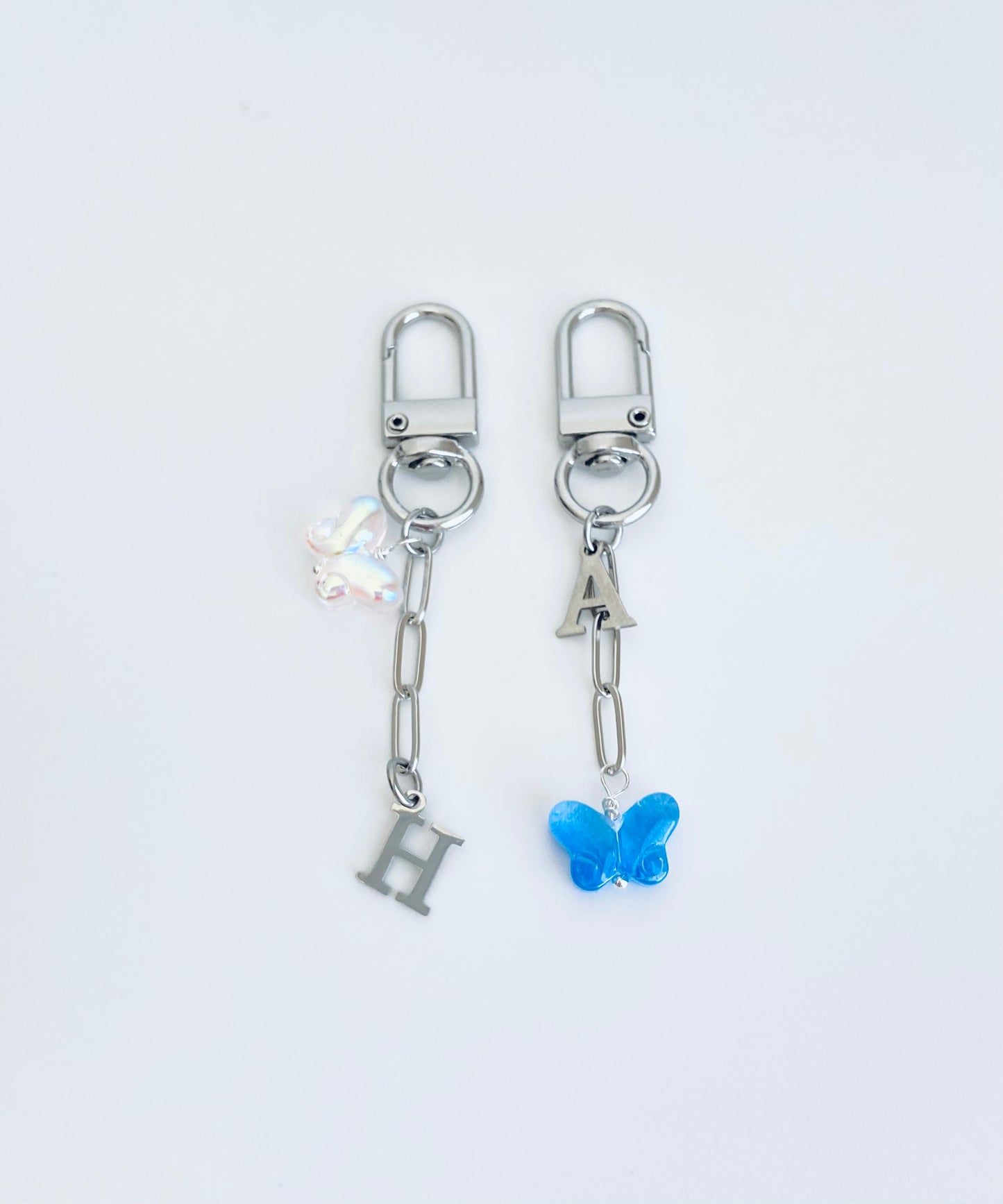 Clip-On Purse Charm with Stainless Steel Initial & Acrylic Butterfly