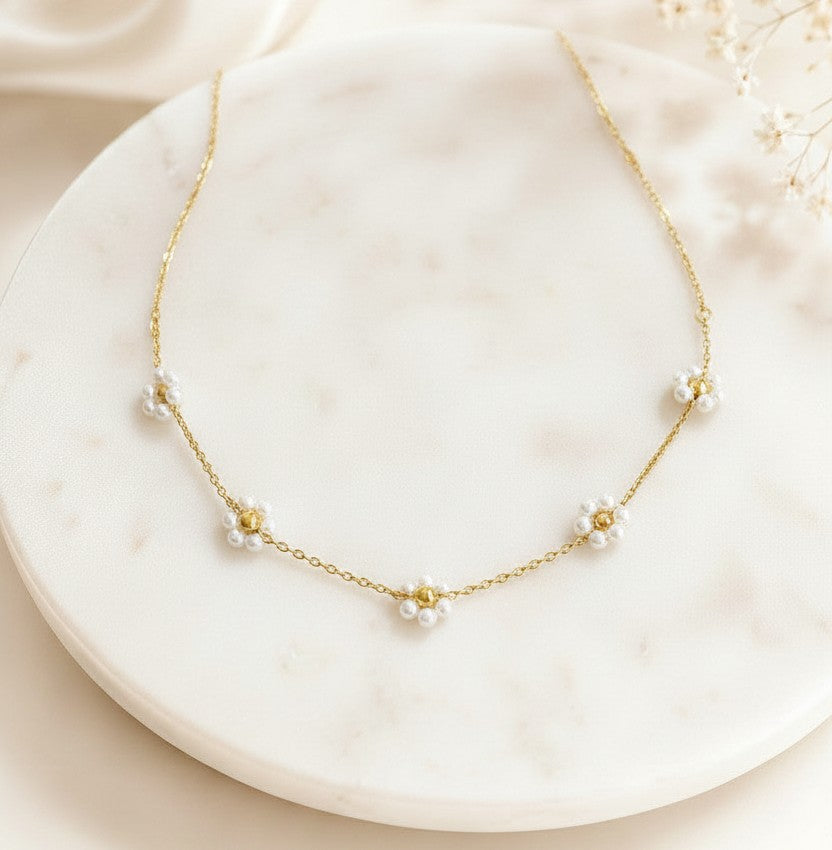 Gold Over Stainless Steel Glass Daisy Flower Necklace