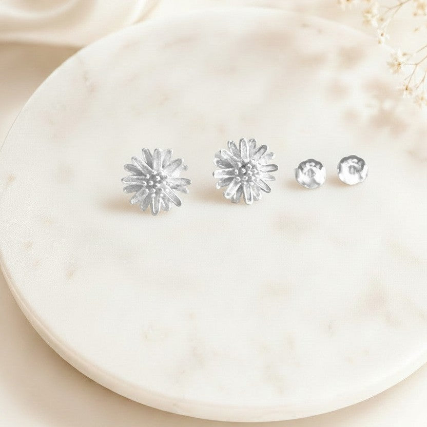 Small Sterling Silver Daisy Earrings • Dainty Flower Stud Earrings