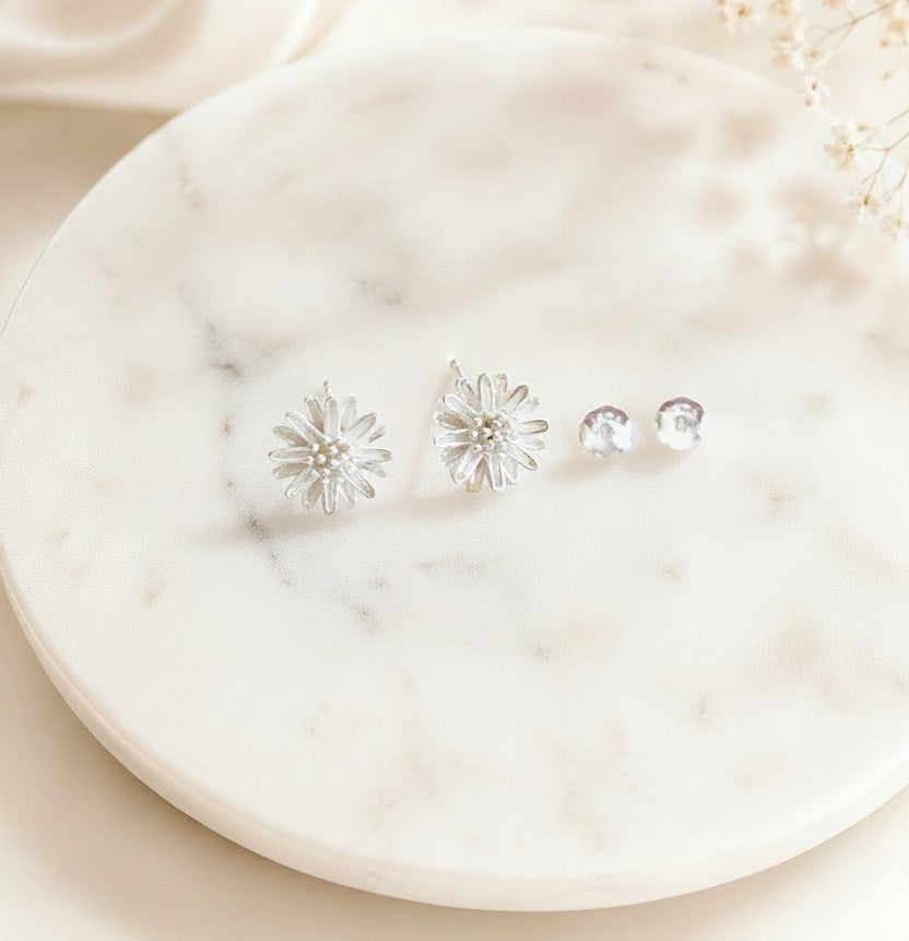 Small Sterling Silver Daisy Earrings • Dainty Flower Stud Earrings
