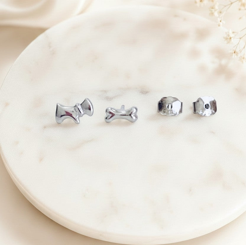 Sterling Silver Dog & Dog Bone Stud Earrings