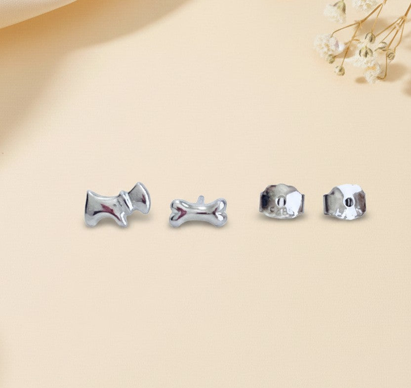 Sterling Silver Dog & Dog Bone Stud Earrings