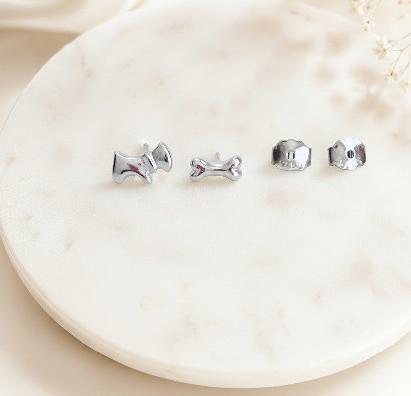 Sterling Silver Dog & Dog Bone Stud Earrings