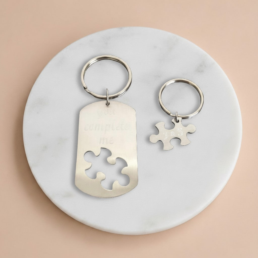 Personalized Stainless Steel Puzzle Dog Tag Key Chain Set