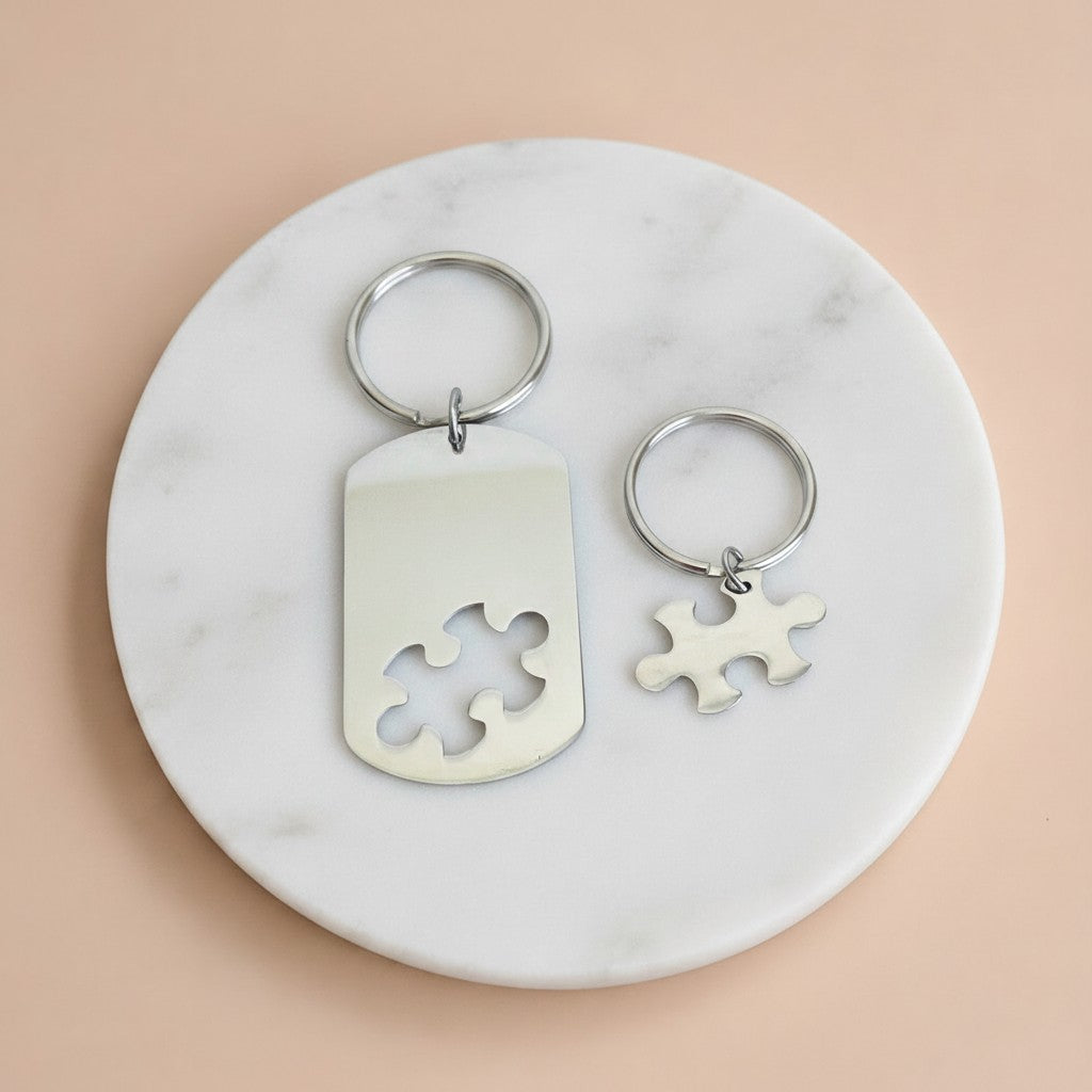 Personalized Stainless Steel Puzzle Dog Tag Key Chain Set