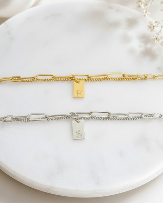 Personalized Satellite Chain & Paperclip Chain Bracelet Set • Stainless Steel or Gold