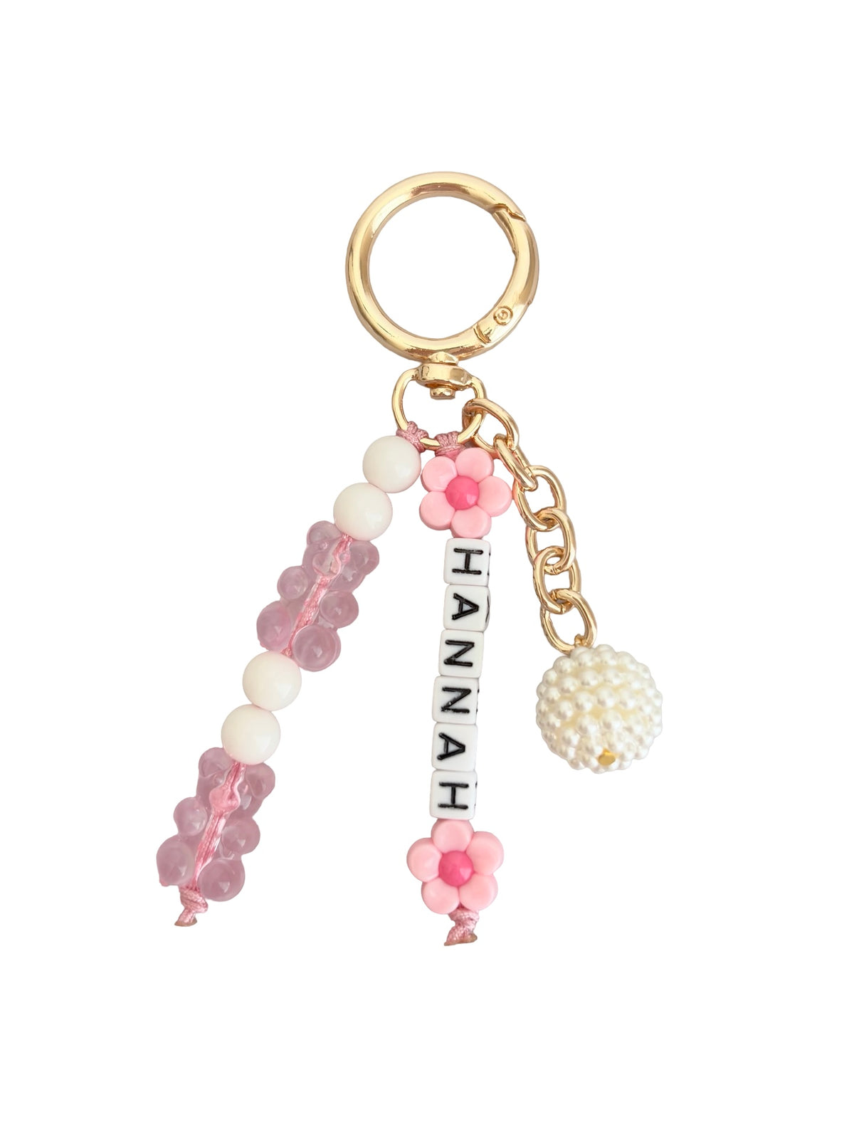 Personalized Beaded Bag Charm with Name, Acrylic Bear & Flower Beads • Custom Name Keychain