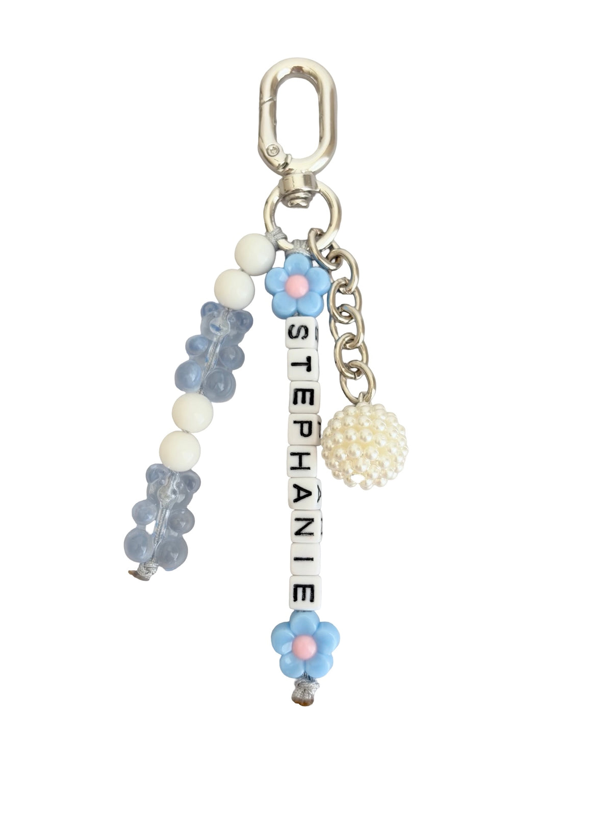 Personalized Beaded Bag Charm with Name, Acrylic Bear & Flower Beads • Custom Name Keychain
