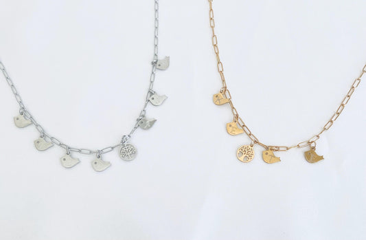 Stainless Steel Family Tree Pendant Necklace with Baby Bird Charms • Personalized Mother Necklace