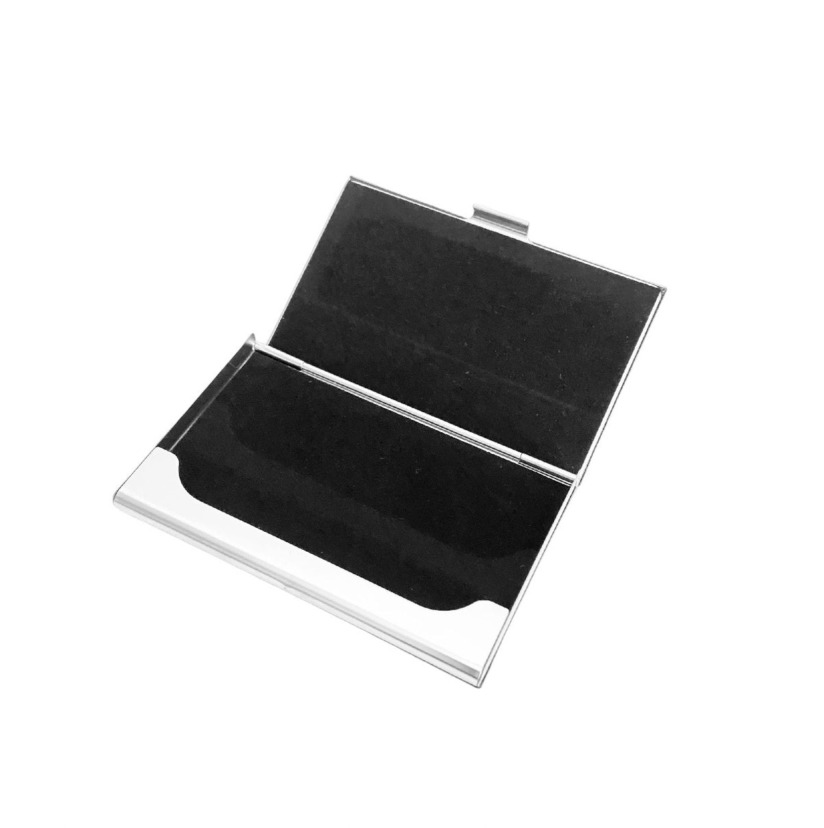 A silver metal business card case with a black velvet interior, shown open against a plain white background.