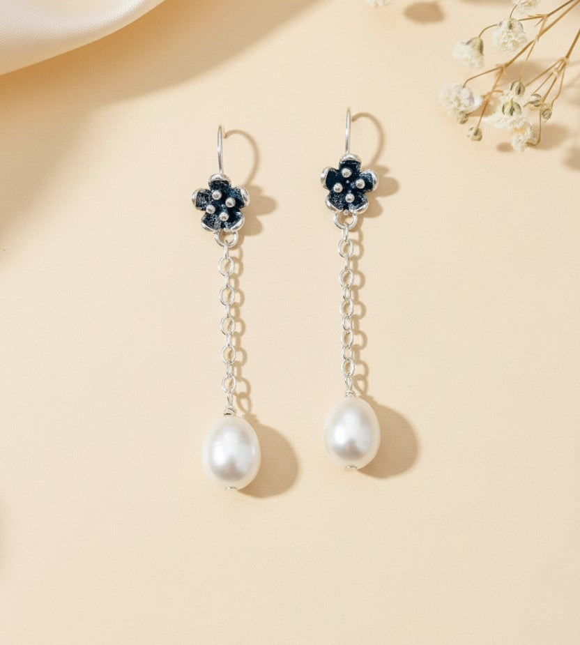 Sterling Silver Vintage Flower Dangle Pearl Earrings