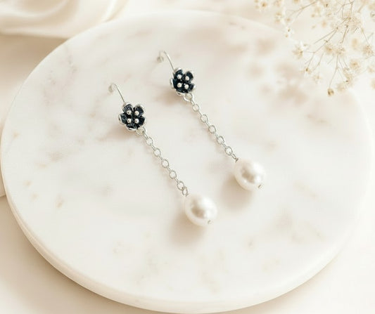 Sterling Silver Vintage Flower Dangle Pearl Earrings