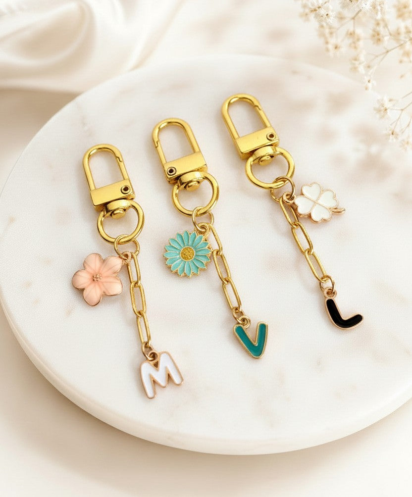 Personalized Bag Charm with Flower & Enamel Initial