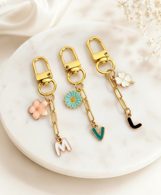 Personalized Bag Charm with Flower & Enamel Initial