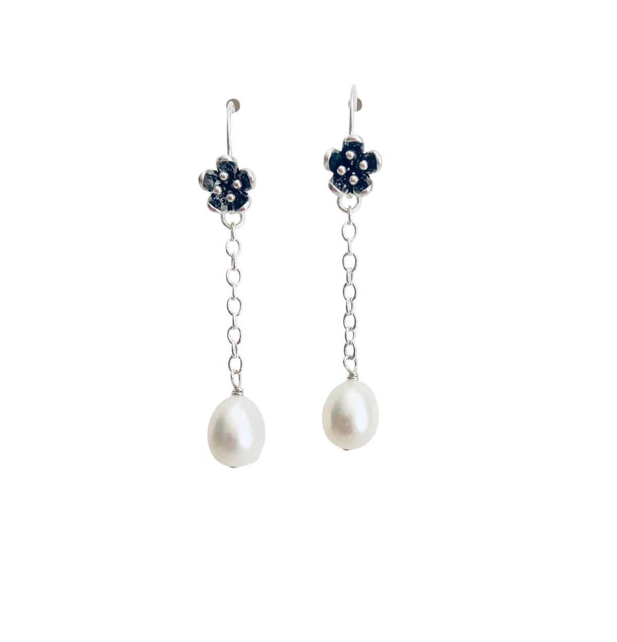Sterling Silver Vintage Flower Dangle Pearl Earrings