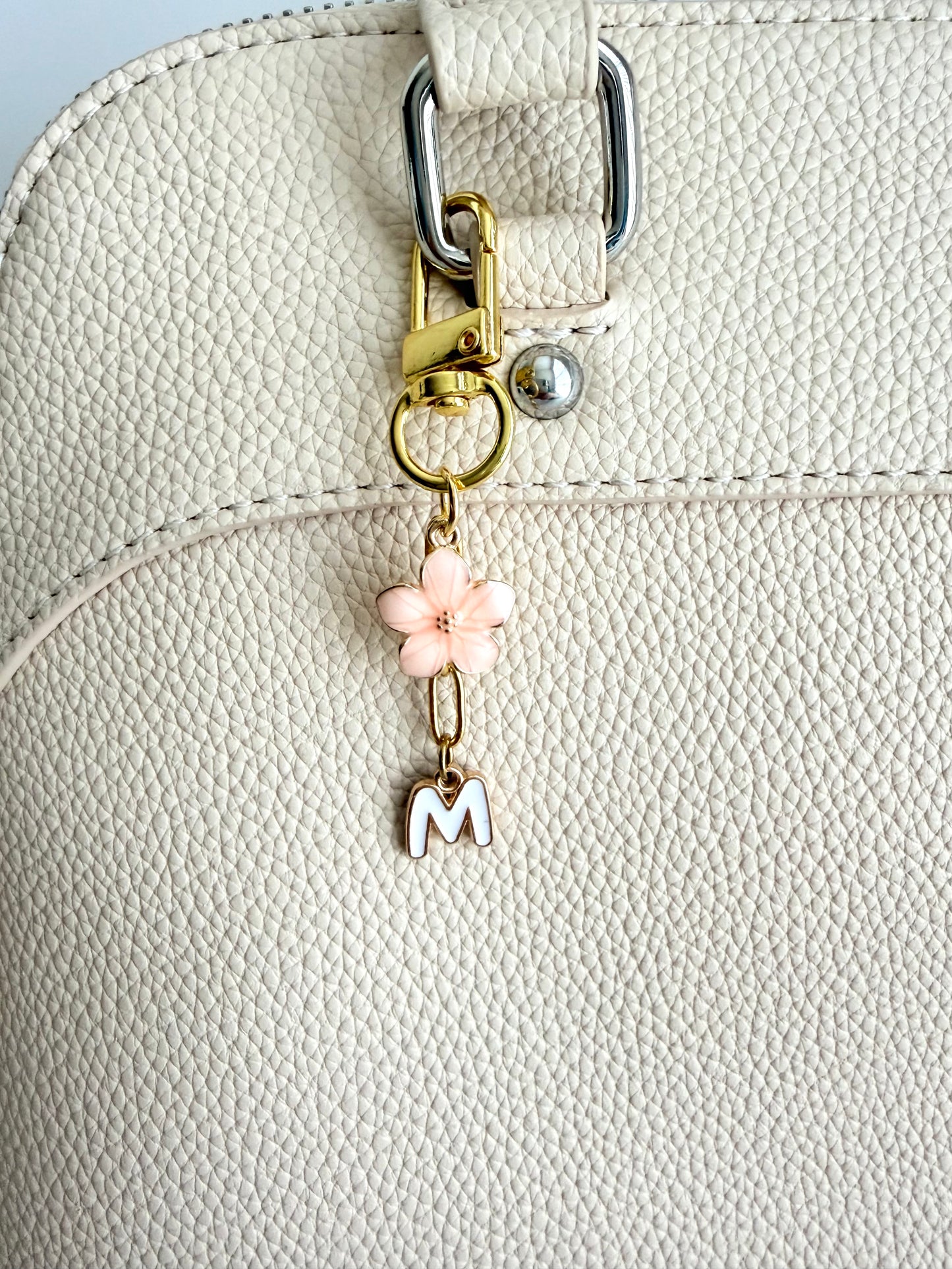 Personalized Initial Bag Charm with Flower Charm Clip-On Clasp • Enamel Letter Clip-On • Custom Purse Charm • Floral Keychain Gift