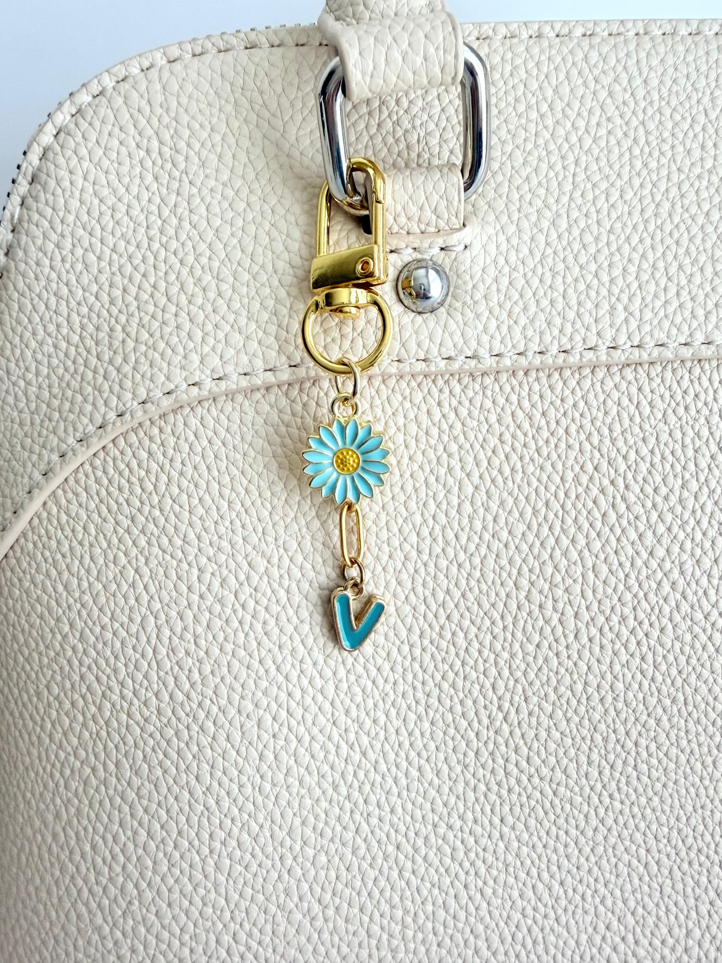 Personalized Initial Bag Charm with Flower Charm Clip-On Clasp • Enamel Letter Clip-On • Custom Purse Charm • Floral Keychain Gift