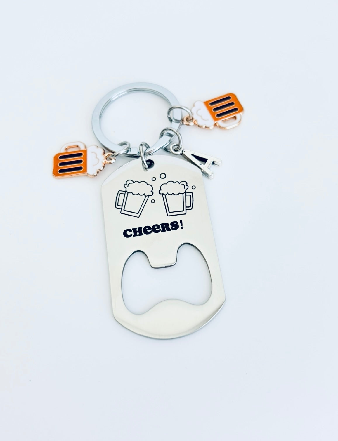 Personalized Stainless Steel Bottle Opener with Initial Charm Keychain • Gift for Him • Groomsmen Gift • Wedding Favor