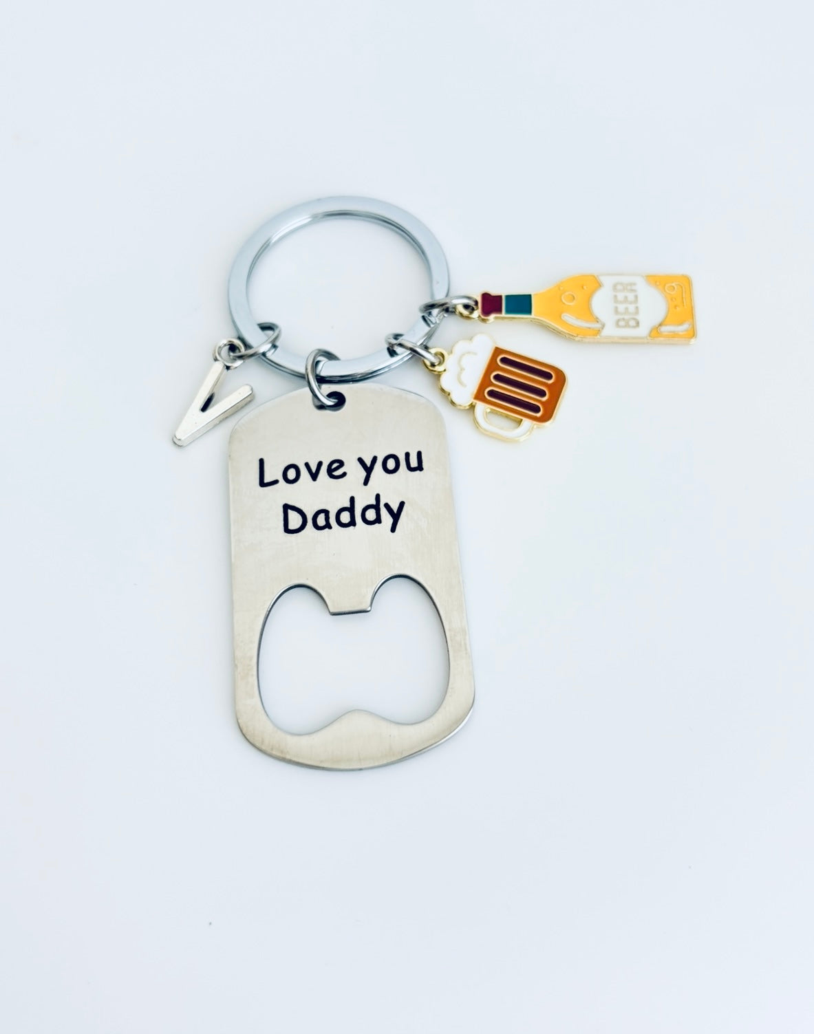 Personalized Stainless Steel Bottle Opener with Initial Charm Keychain • Gift for Him • Groomsmen Gift • Wedding Favor