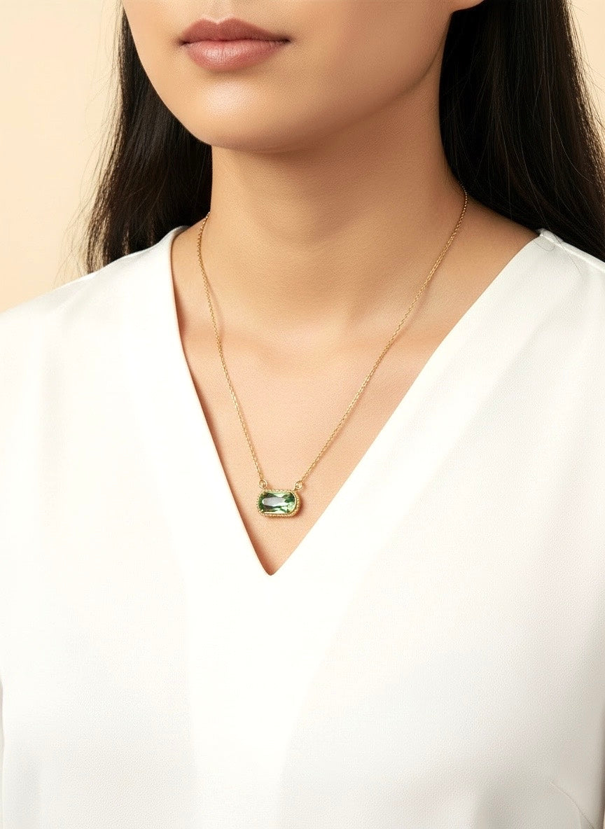 Gold over Stainless Steel Necklace with Glass Gemstone Pendant