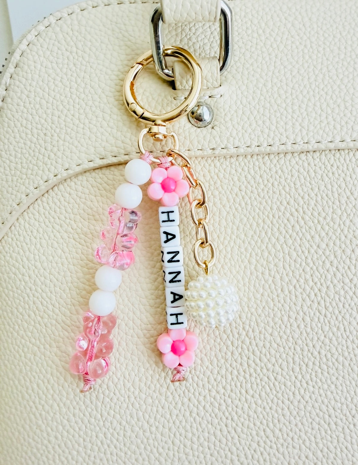 Personalized Beaded Bag Charm with Name, Acrylic Bear & Flower Beads • Custom Name Keychain