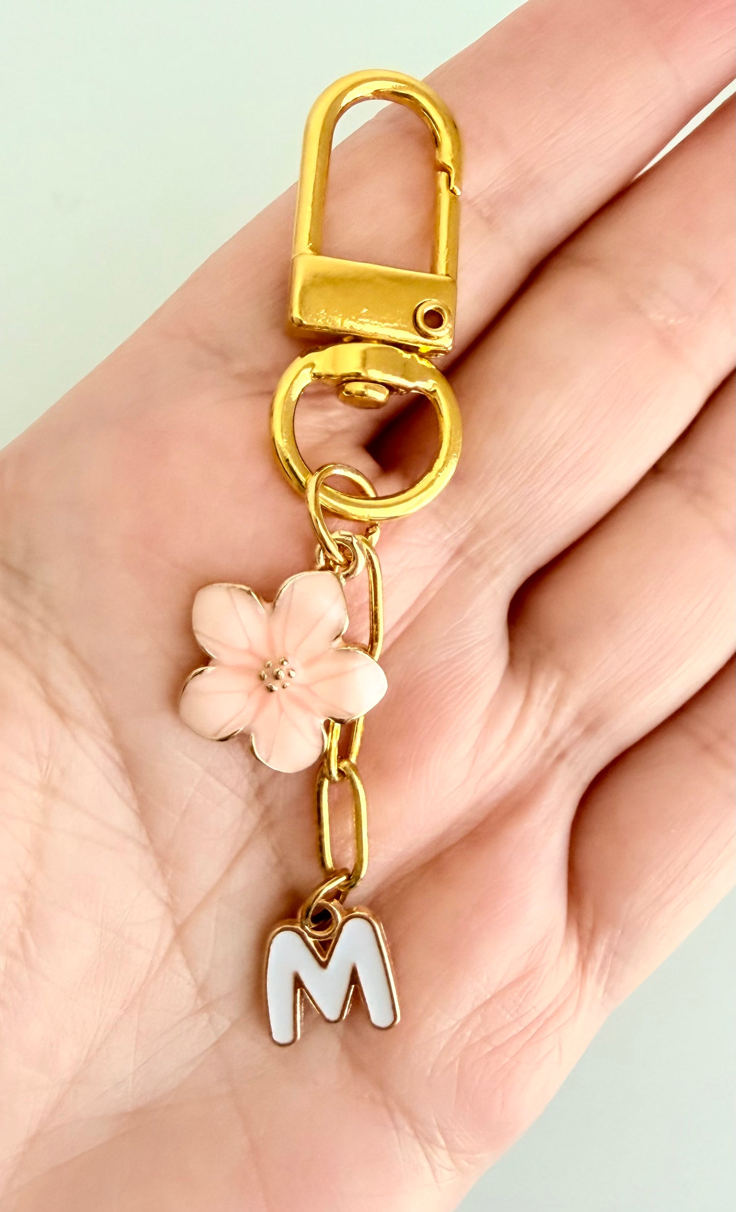 Personalized Initial Bag Charm with Flower Charm Clip-On Clasp • Enamel Letter Clip-On • Custom Purse Charm • Floral Keychain Gift