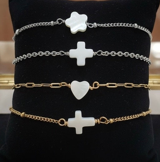 Minimalist Shell Bead Bracelet • Flower • Cross • Heart Bead Bracelet in Stainless Steel or Gold