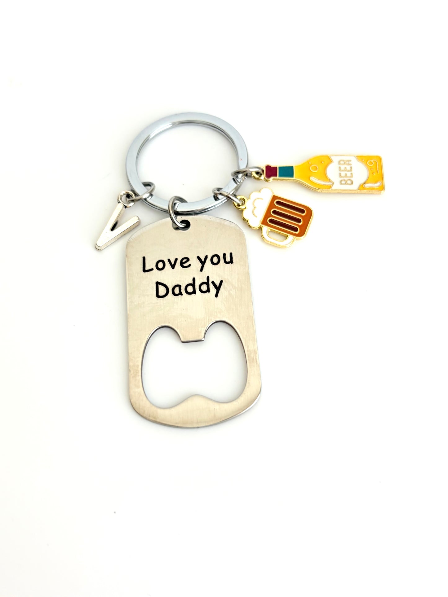 Personalized Stainless Steel Bottle Opener with Initial Charm Keychain • Gift for Him • Groomsmen Gift • Wedding Favor