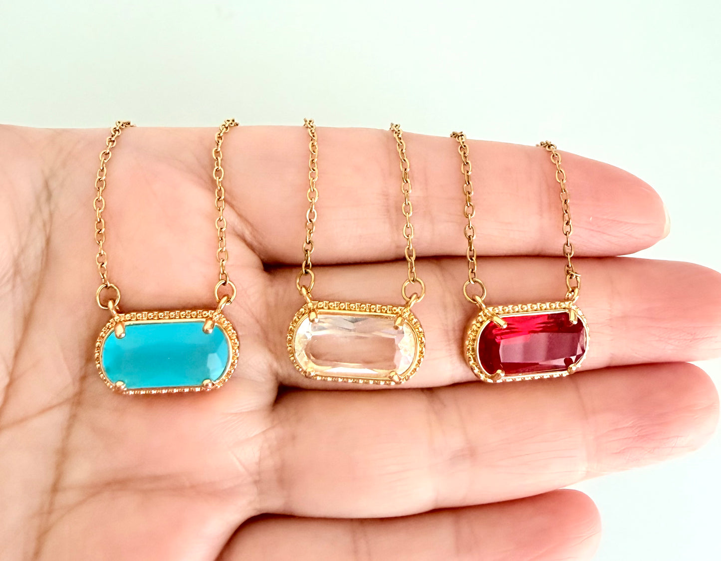 Gold over Stainless Steel Necklace with Glass Gemstone Pendant