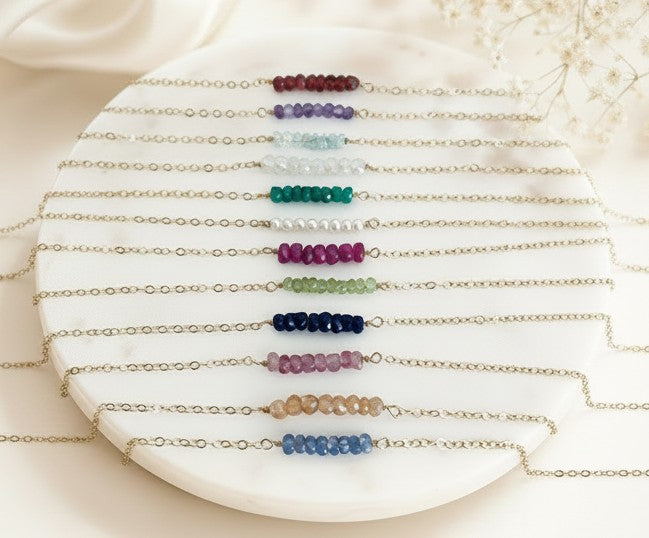 Personalized Beaded Gemstone Birthstone Necklace • Sterling Silver & Gold Filled