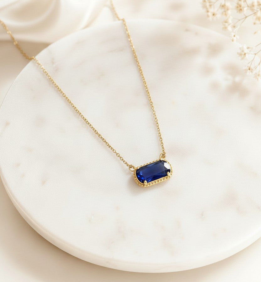 Gold over Stainless Steel Necklace with Glass Gemstone Pendant