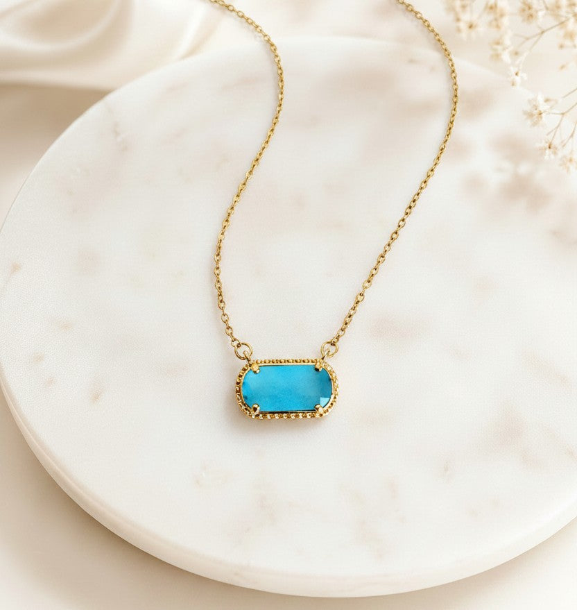 Gold over Stainless Steel Necklace with Glass Gemstone Pendant