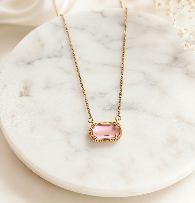 Gold over Stainless Steel Necklace with Glass Gemstone Pendant