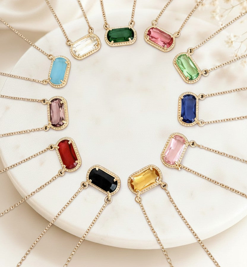 Gold over Stainless Steel Necklace with Glass Gemstone Pendant