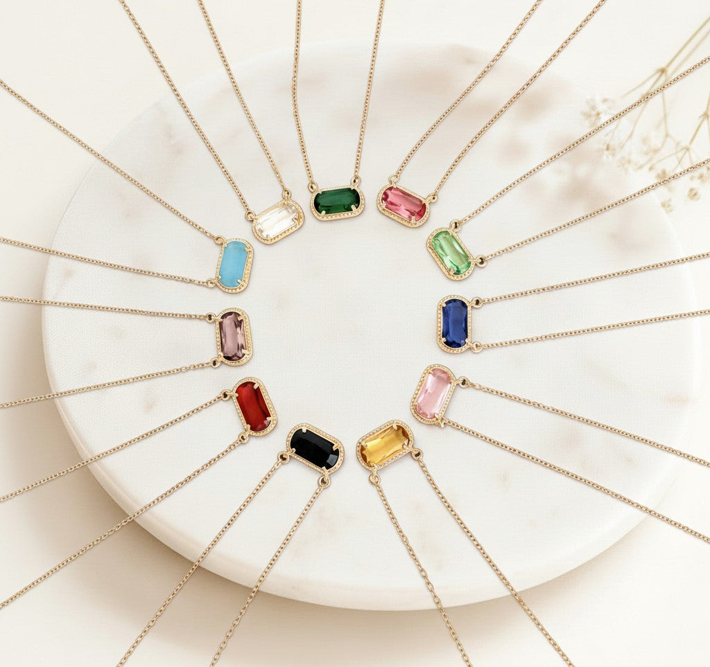 Gold over Stainless Steel Necklace with Glass Gemstone Pendant