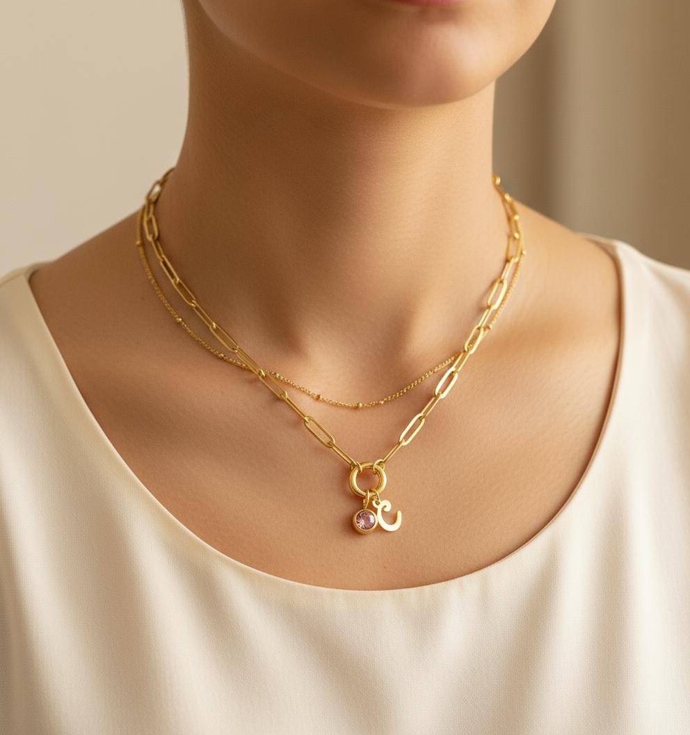 Personalized Mini Paperclip & Satellite Chain Necklace Set with Script Initial & Birthstone • Stainless Steel or Gold