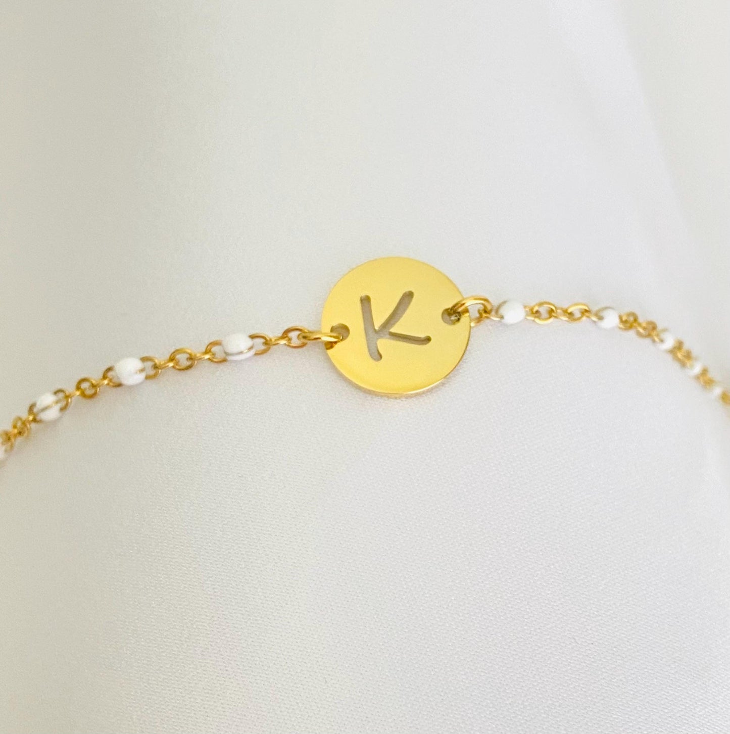 Initial Charm Bracelet • Personalized Letter Bracelet with Flat Cable Chain or White Enamel Beaded Chain