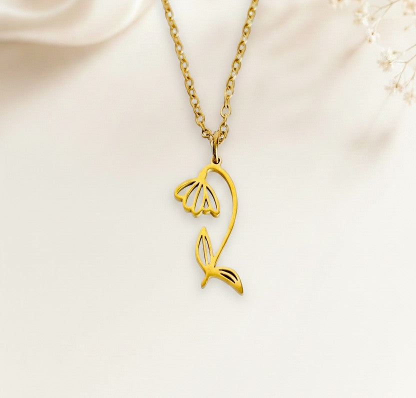 Personalized Birth Flower Pendant Necklace • Stainless Steel & Gold over Stainless Steel