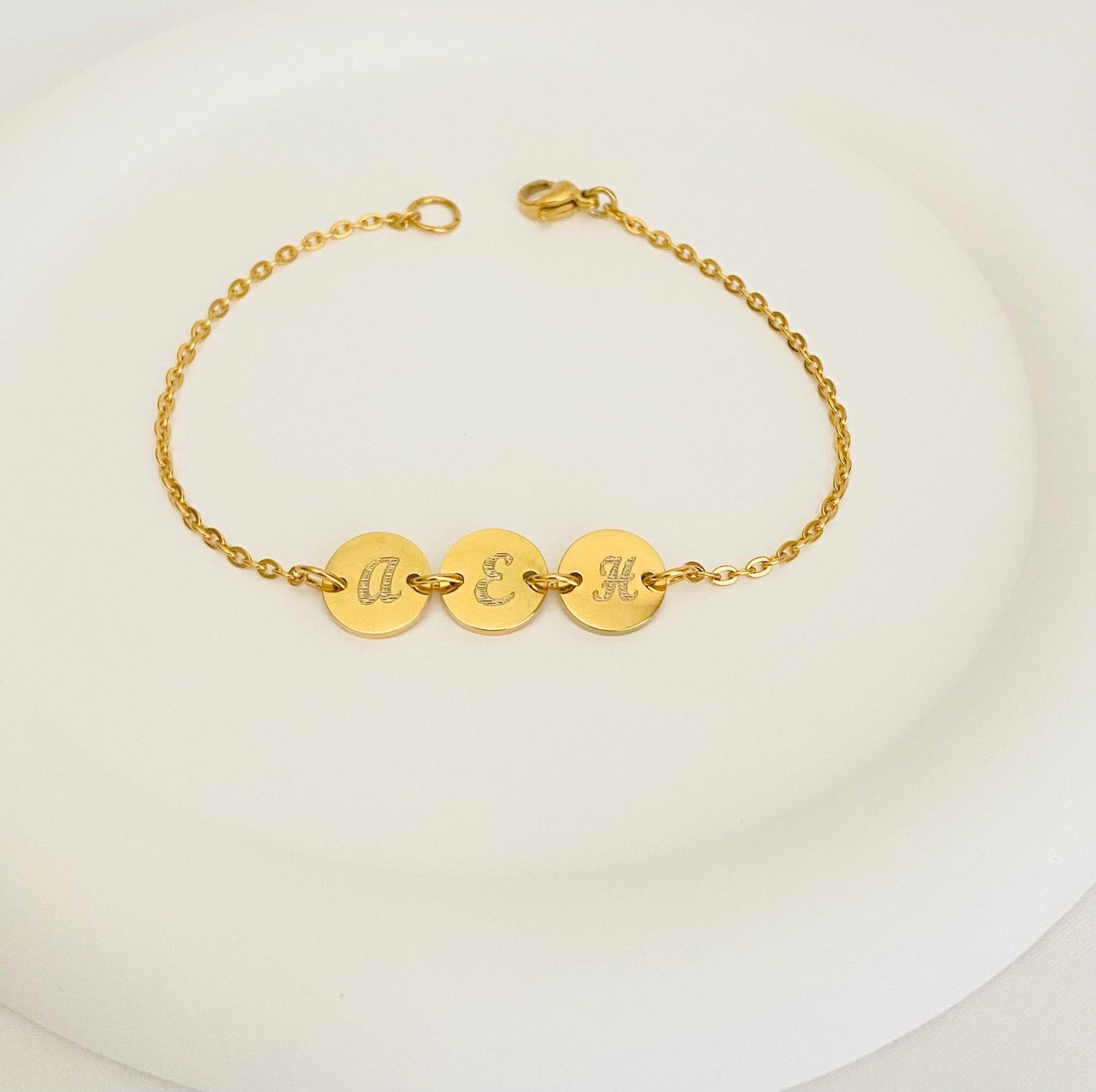 Personalized Stainless Steel Initial Bracelet. Engraved Round Charm Bracelet. Minimalist Layering Jewelry.