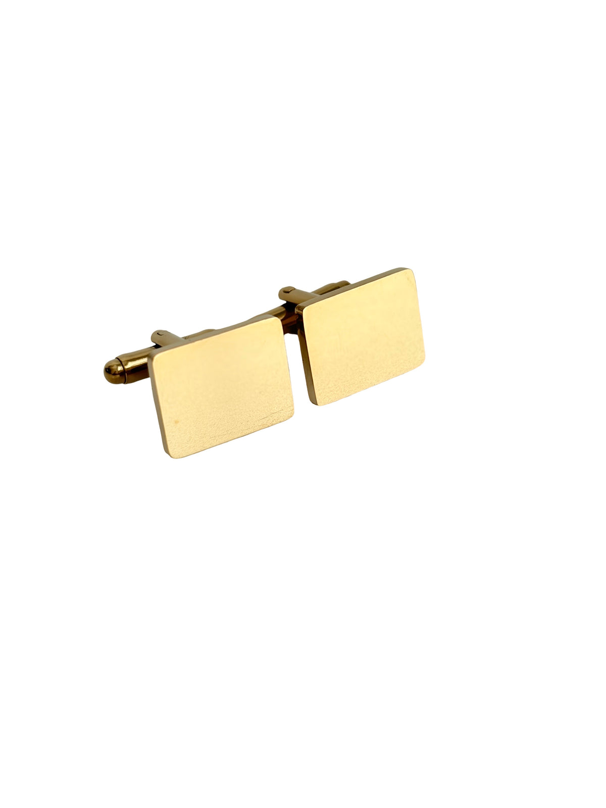 A pair of gold square cufflinks with flat faces and butterfly closures, shown on a plain white background.