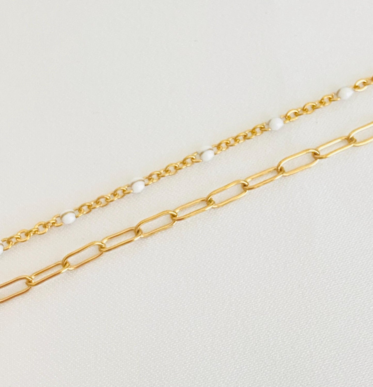 Double Strand Stainless Steel Paperclip & Enamel Chain Bracelet • Layered Mini Paperclip Bracelet for Women