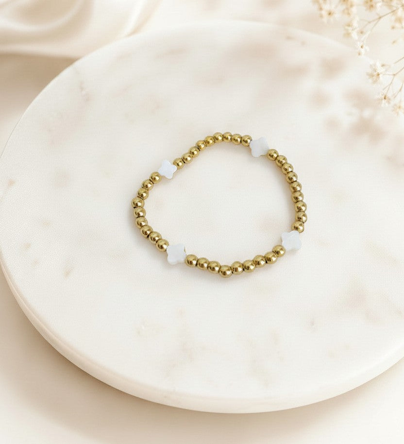 Stretch Beaded Bracelet with Shell Clover Beads • Stainless Steel & Gold over Stainless Steel
