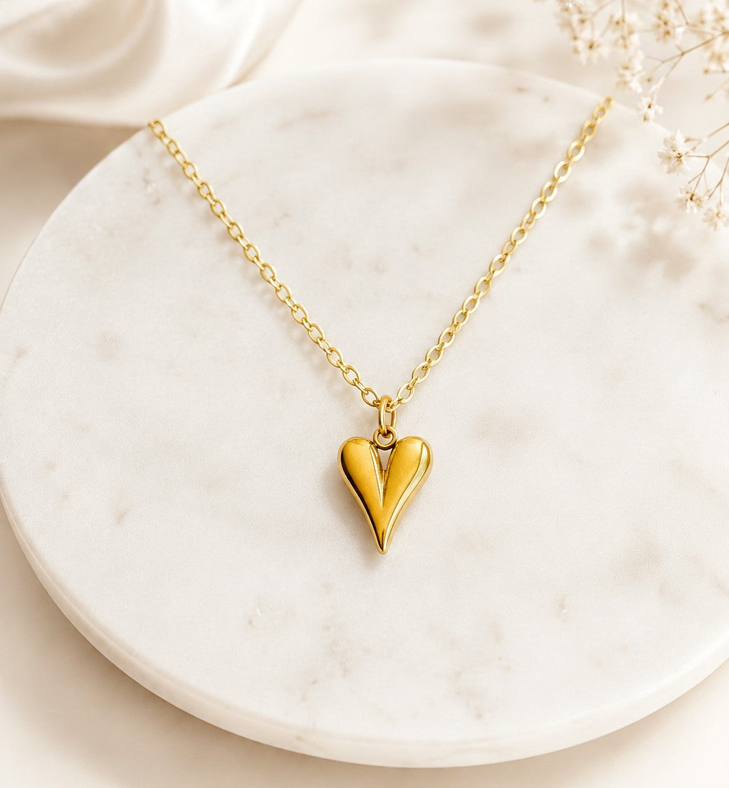 Puff Heart Pendant Necklace • Stainless Steel & Gold over Stainless Steel