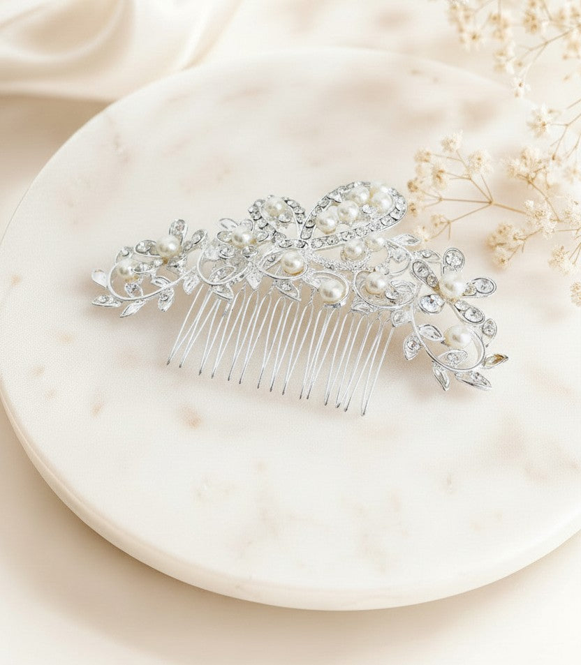 Glass Pearl and Rhinestone Hair Comb •  Elegant Bridal Wedding Hair Accessory for Women