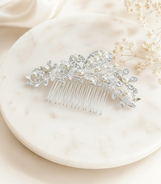 Glass Pearl and Rhinestone Hair Comb •  Elegant Bridal Wedding Hair Accessory for Women