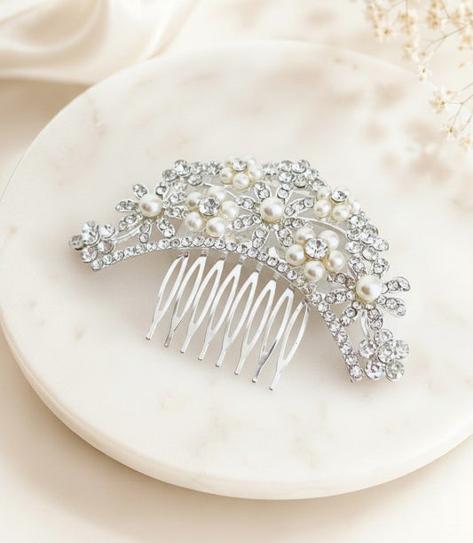 Rhinestone and White Glass Pearl Hair Comb